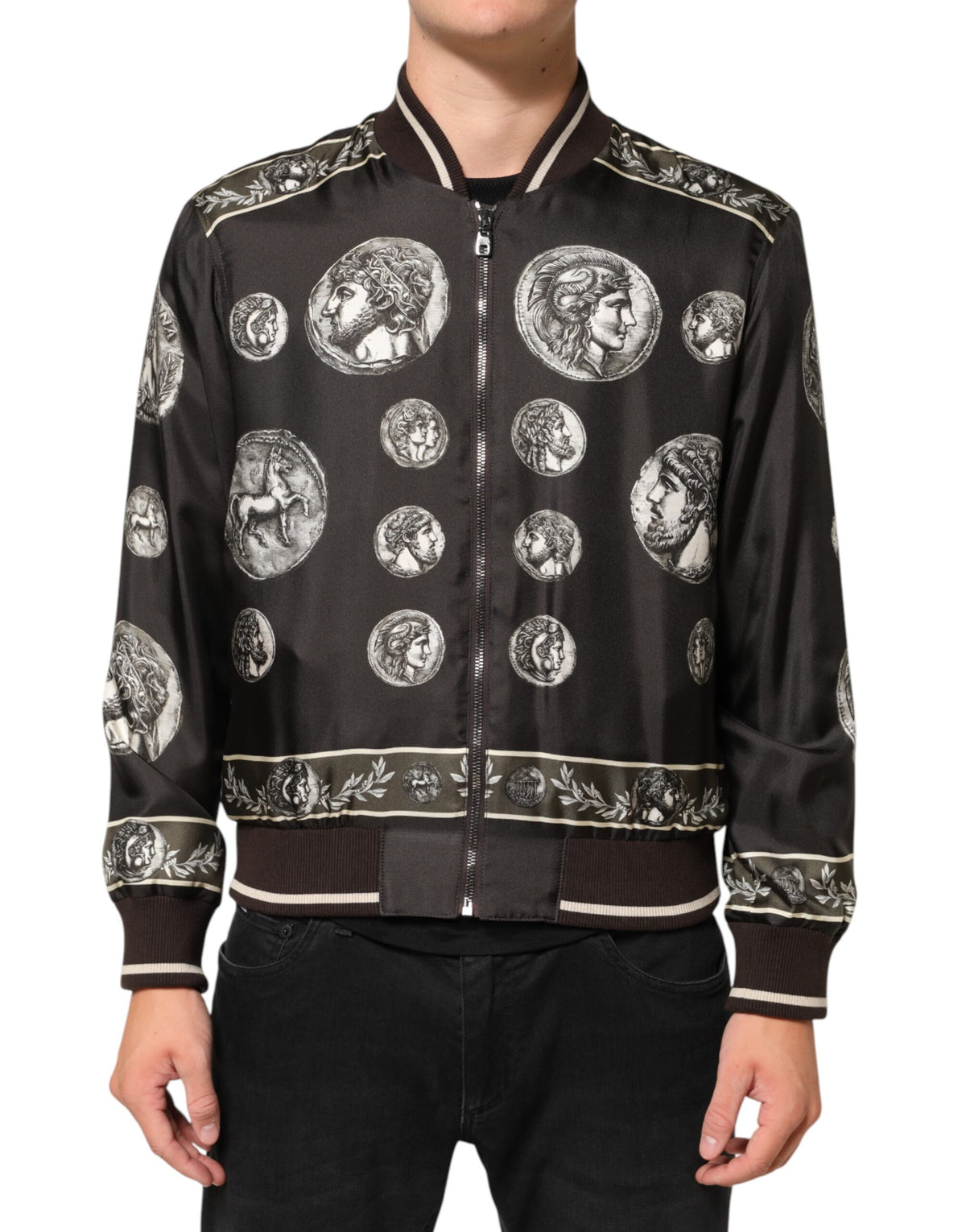 Dolce & Gabbana Black "Monete" Coin Print Silk Bomber Jacket