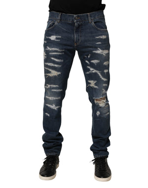 Dolce & Gabbana Blue Tattered Cotton Skinny Men Denim Jeans