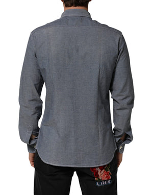 AGLINI Blue Denim Regular Fit Collared Long Sleeve Casual Shirt