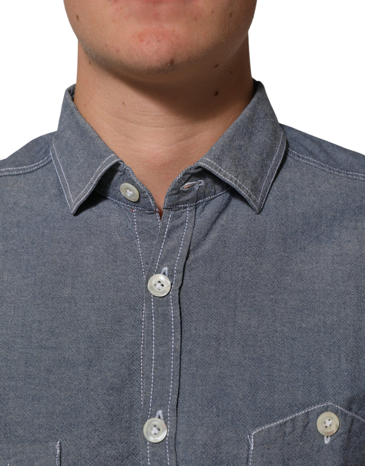 AGLINI Blue Denim Regular Fit Collared Long Sleeve Casual Shirt