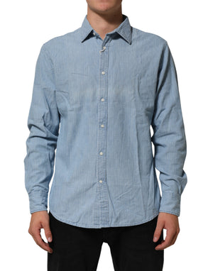 Deperlu Blue Denim Regular Fit Collared Long Sleeve Men Shirt