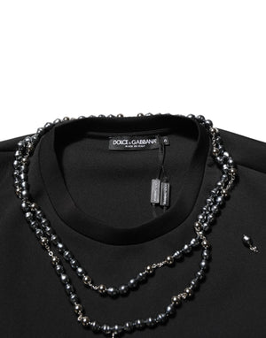 Dolce & Gabbana Black Polyester Necklace Embellished T-shirt
