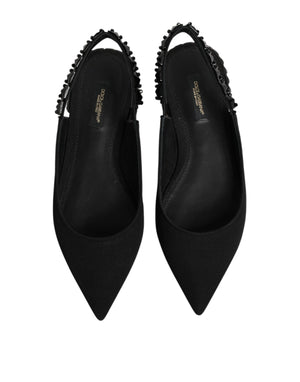 Dolce & Gabbana Black Crystal Charmeuse Slingback Shoes