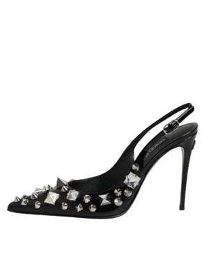 Dolce & Gabbana Black Studded Leather Heels Slingbacks Shoes