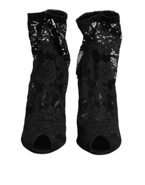 Dolce & Gabbana Black Stretch Taormina Lace Boots Shoes