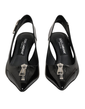Dolce & Gabbana Black Zipper Leather Heels Slingbacks Shoes