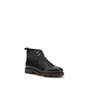 Santoni Black Calf Leather Bos Taurus Lace-Up Boots