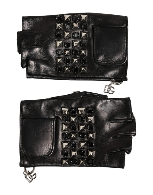 Dolce & Gabbana Black Leather Studded Fingerless Hand Mitten Men Gloves