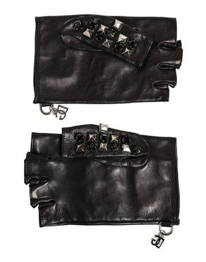 Dolce & Gabbana Black Leather Studded Fingerless Hand Mitten Men Gloves