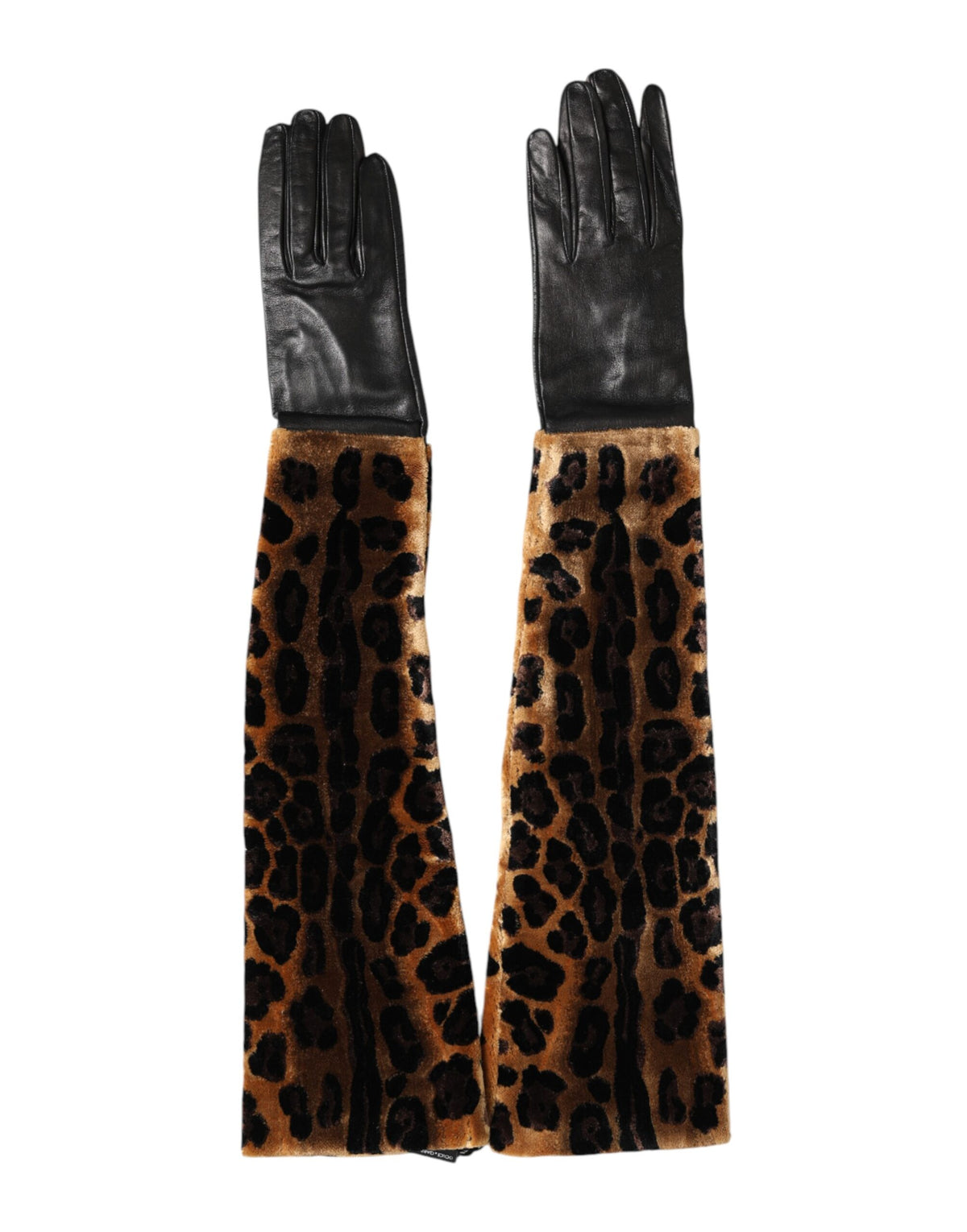 Dolce & Gabbana Brown Black Leopard Leather Elbow Length Mitten Gloves