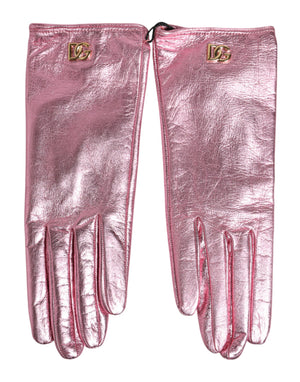 Dolce & Gabbana Pink Leather DG Logo Wrist Length Mitten Gloves
