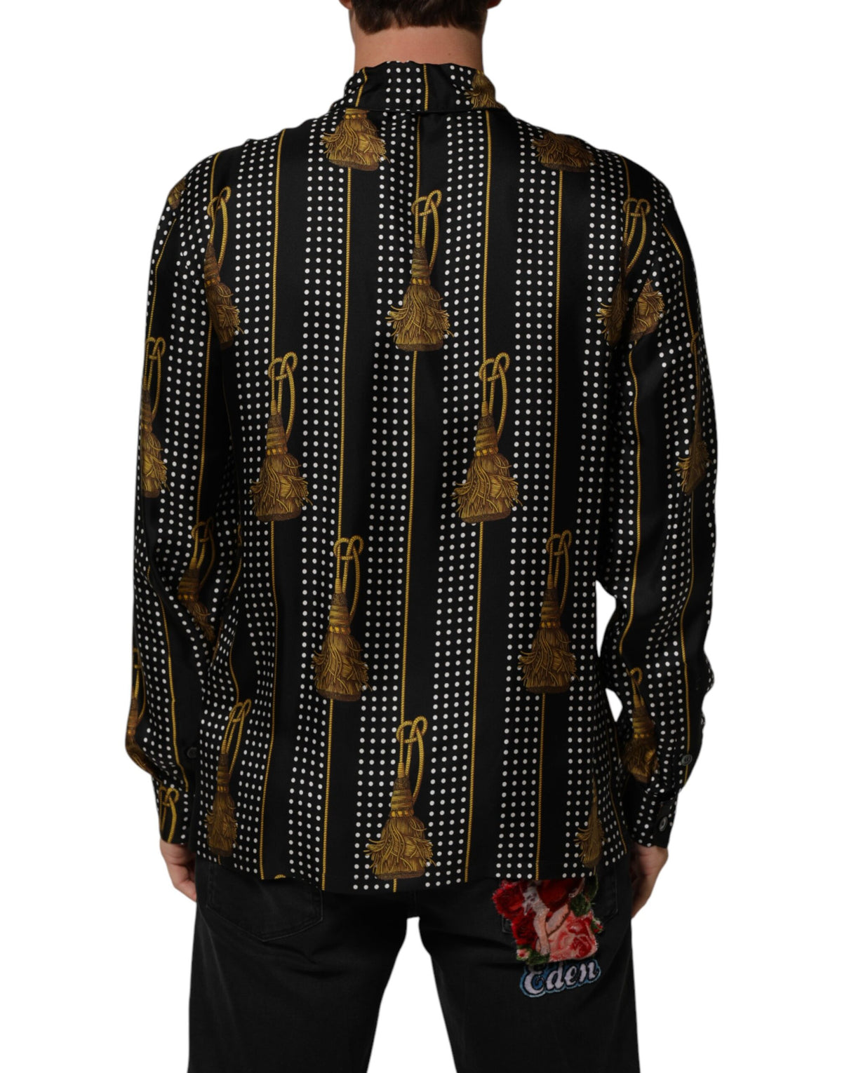 Dolce & Gabbana Black Dotted Tassel Silk Button Down Shirt