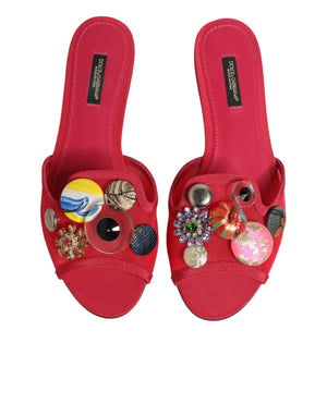 Dolce & Gabbana Red Embellished Flats Slip On Sandals Shoes