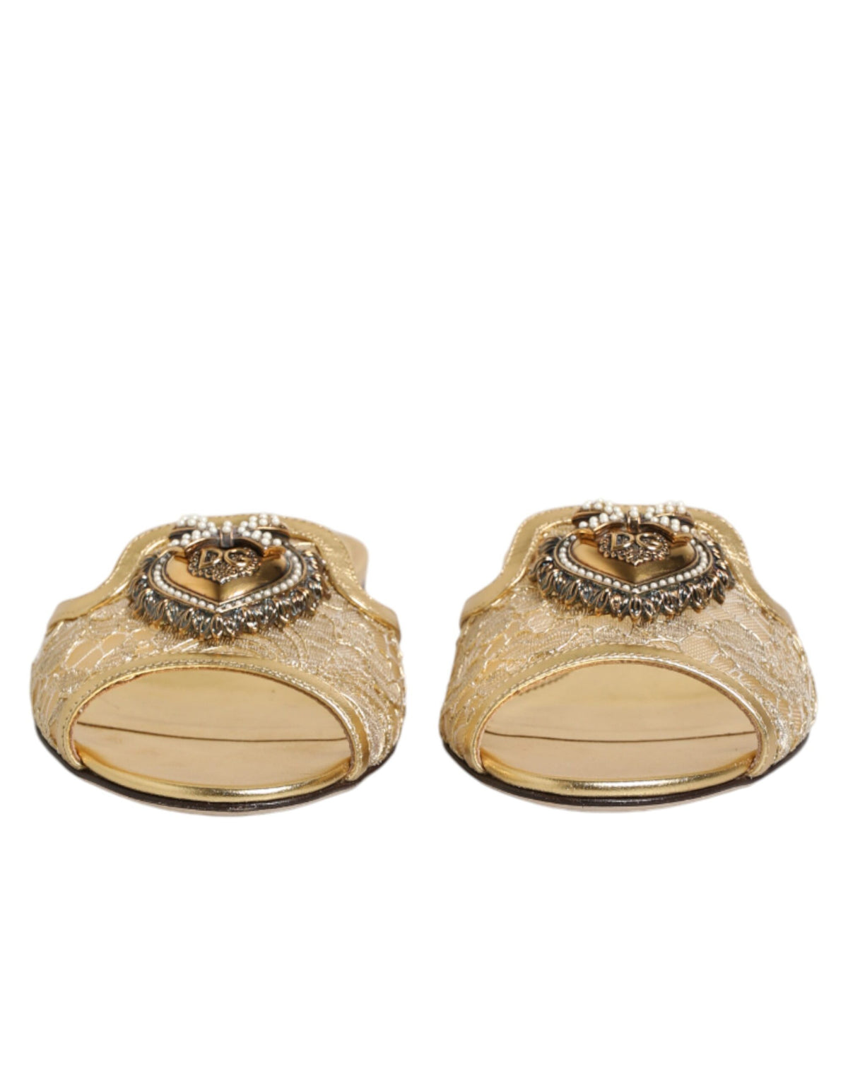 Dolce & Gabbana Gold Devotion Lace Flats Slip On Sandals Shoes