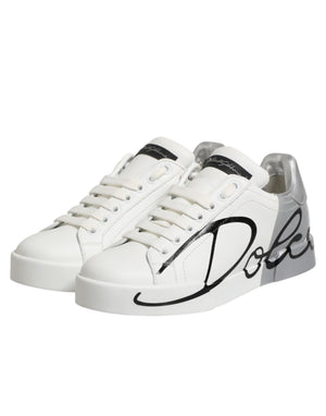 Dolce & Gabbana White Gray Low Top Leather Sneaker Shoes