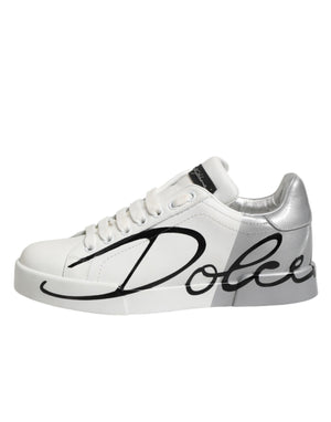 Dolce & Gabbana White Gray Low Top Leather Sneaker Shoes