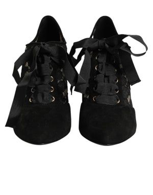 Dolce & Gabbana Black Floral High Heels LACE-UPS Pumps Shoes