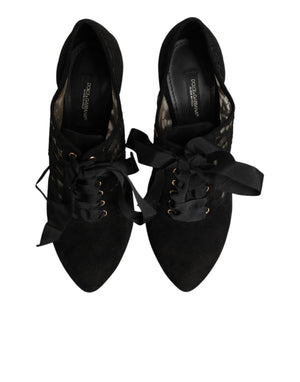 Dolce & Gabbana Black Floral High Heels LACE-UPS Pumps Shoes