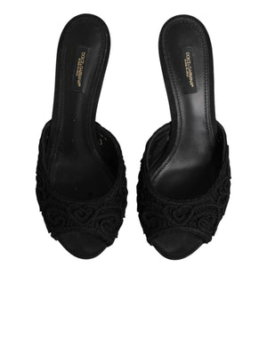 Dolce & Gabbana Black Embroidered Slip On Heels Slides Shoes