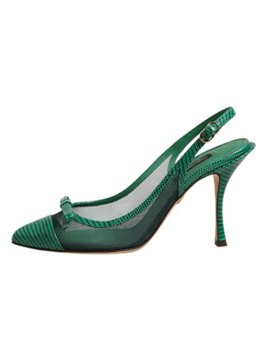 Dolce & Gabbana Green Leather Mesh Heels Slingback  Shoes