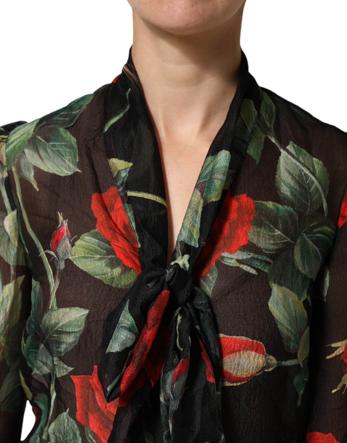 Dolce & Gabbana Black Floral Long Sleeves Silk Blouse Top