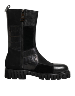 Dolce & Gabbana Black Patchwork Leather Mid Calf Boot  Shoes