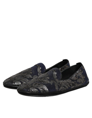 Dolce & Gabbana Black Jacquard Leather Slip On Loafers Shoes