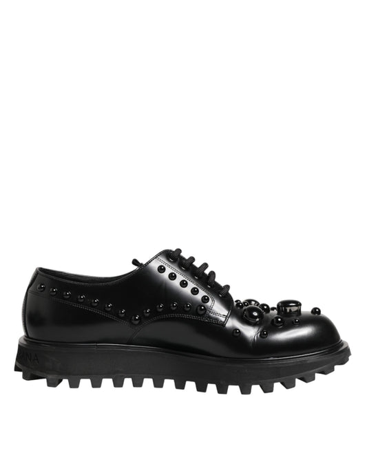 Dolce & Gabbana Black Leather Studded Men Formal Derby  Shoes