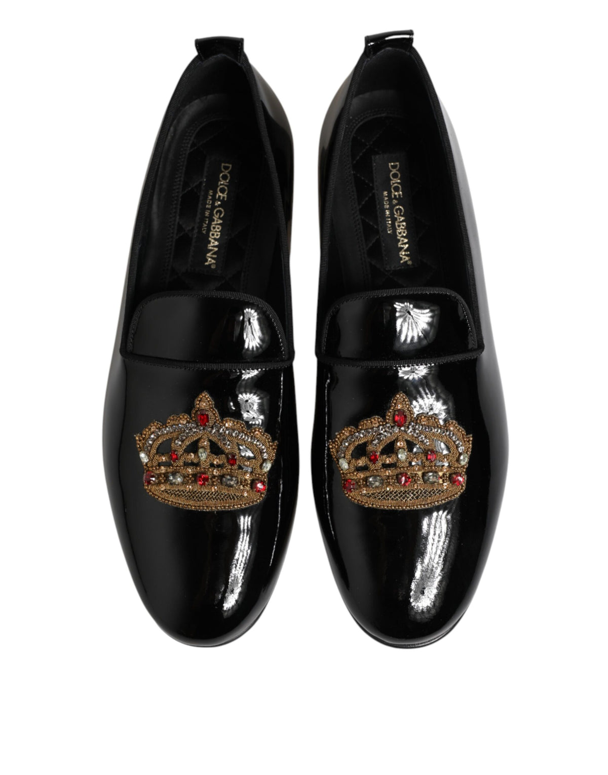 Dolce & Gabbana Black Leather Gold Crown Mens Loafers Shoes
