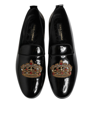 Dolce & Gabbana Black Leather Gold Crown Mens Loafers Shoes
