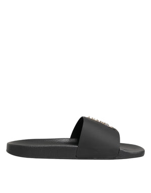 Dolce & Gabbana Black Leather Slides Sandals Beachwear Shoes