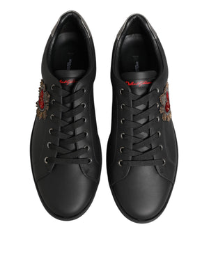 Dolce & Gabbana Black Leather Heart Embellished Sneakers Shoes