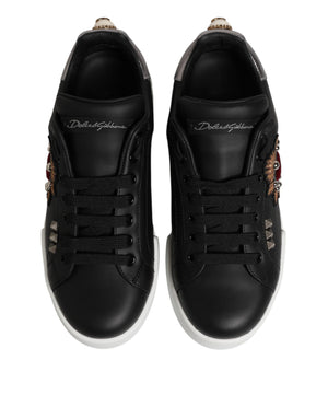 Dolce & Gabbana Black Leather Heart Embellished Sneakers Shoes