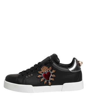 Dolce & Gabbana Black Leather Heart Embellished Sneakers Shoes