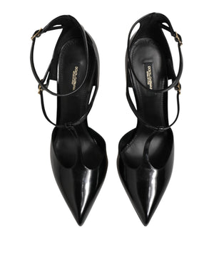 Dolce & Gabbana Black Leather T-STRAPS Heels Sandals Shoes