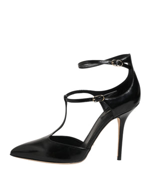 Dolce & Gabbana Black Leather T-STRAPS Heels Sandals Shoes