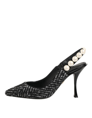 Dolce & Gabbana White Black Chevron Faux Pearl Slingbacks Shoes