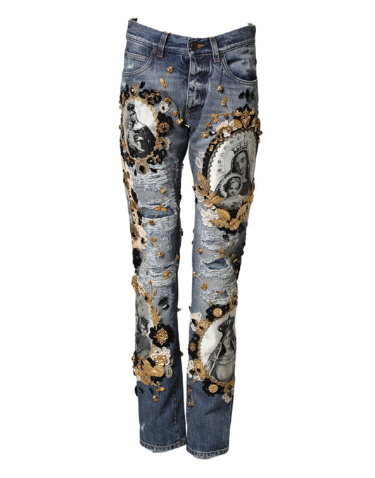 Dolce & Gabbana Blue Ripped Embellished Cotton Denim Jeans