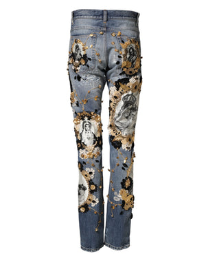 Dolce & Gabbana Blue Ripped Embellished Cotton Denim Jeans