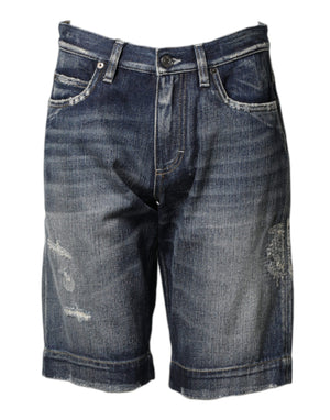 Dolce & Gabbana Blue Cotton Distressed Denim Bermuda Shorts