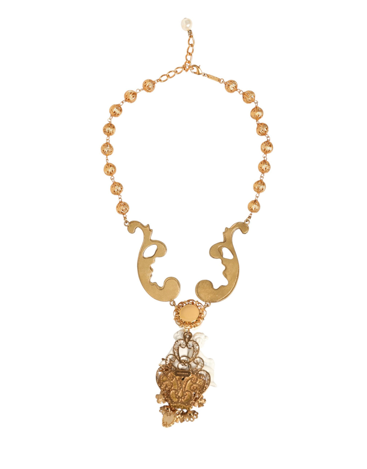 Dolce & Gabbana Gold Ceramic Crystal Cherub Baroque Pendant Necklace