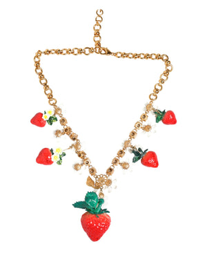 Dolce & Gabbana Gold Brass FRUIT Pendants Flowers Crystal Logo Necklace