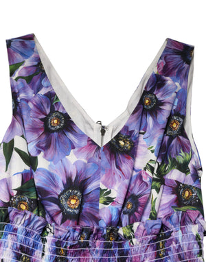 Dolce & Gabbana Purple Anemone Print Pleated Midi Dress