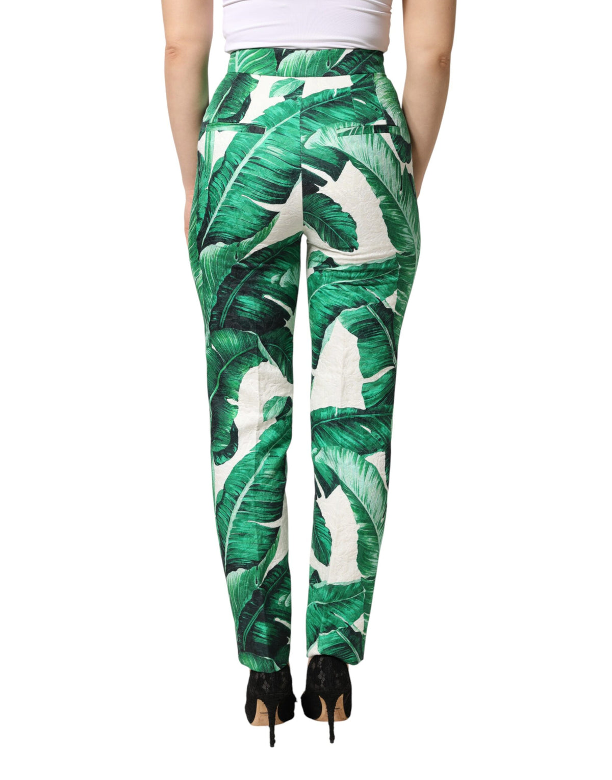 Dolce & Gabbana White Green Leaf High Waist Trousers Pants