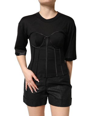 Dolce & Gabbana Black Cotton Bustier Corset Short Sleeves T-shirt
