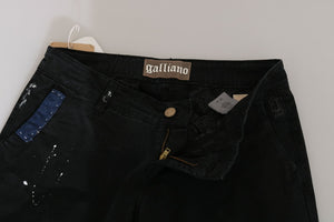 John Galliano Black Low Waist White Paint Skinny Denim Pants Jeans