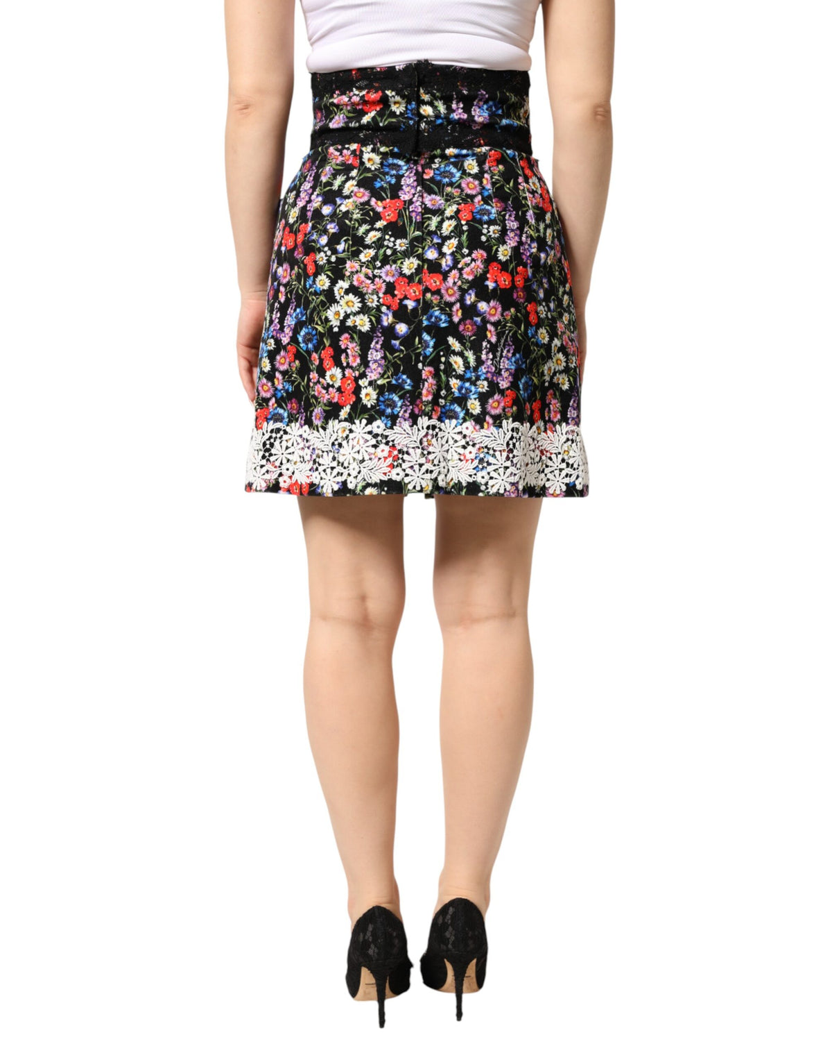 Dolce & Gabbana Black Floral Lace Cotton HighWaist Mini Skirt