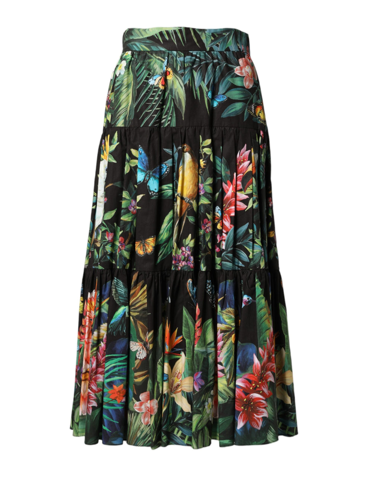 Dolce & Gabbana Black Cotton Floral High Waist Midi Skirt