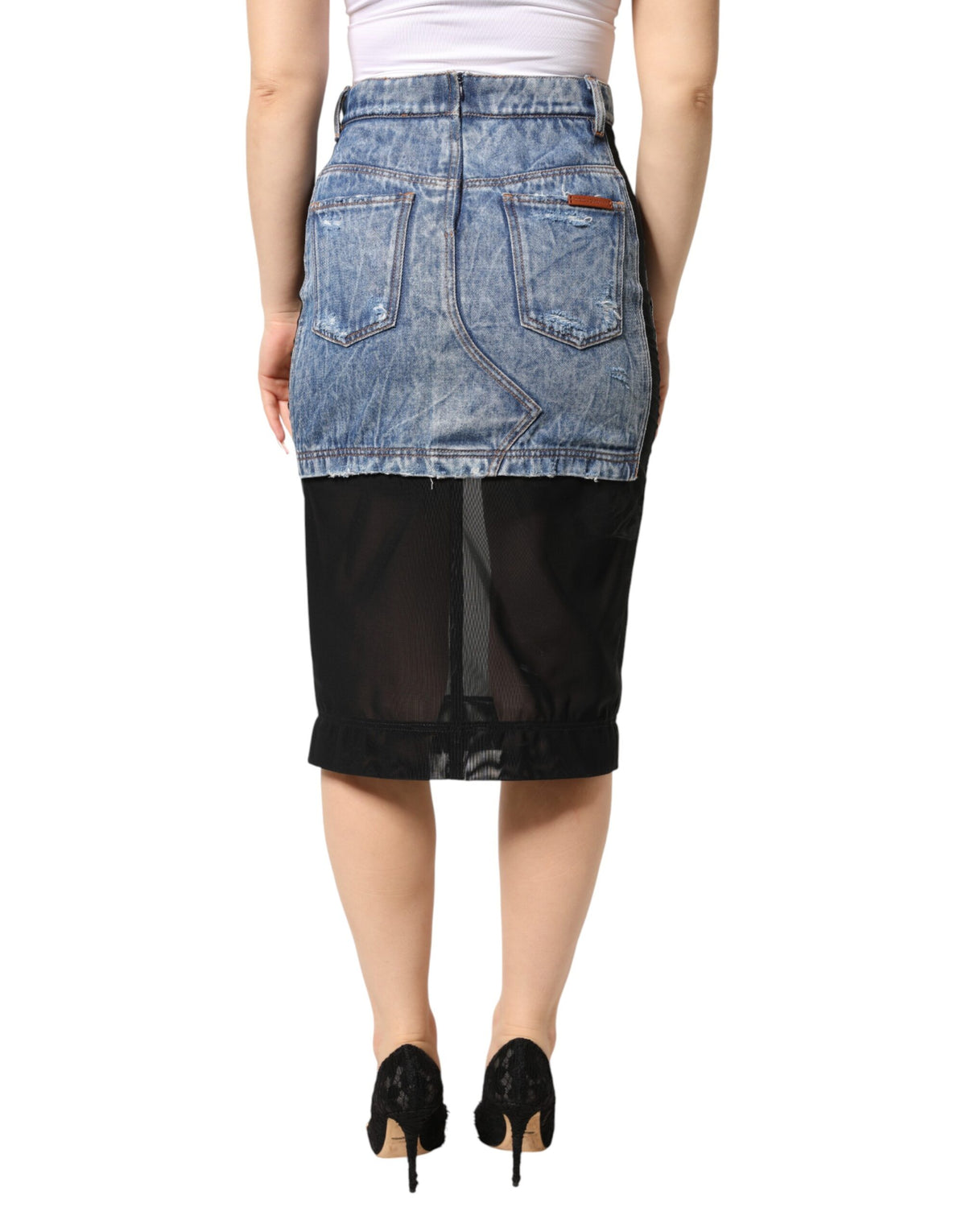 Dolce & Gabbana Blue Black Cotton Denim Sheer Midi Skirt