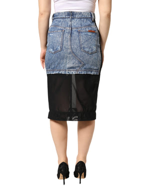 Dolce & Gabbana Blue Black Cotton Denim Sheer Midi Skirt